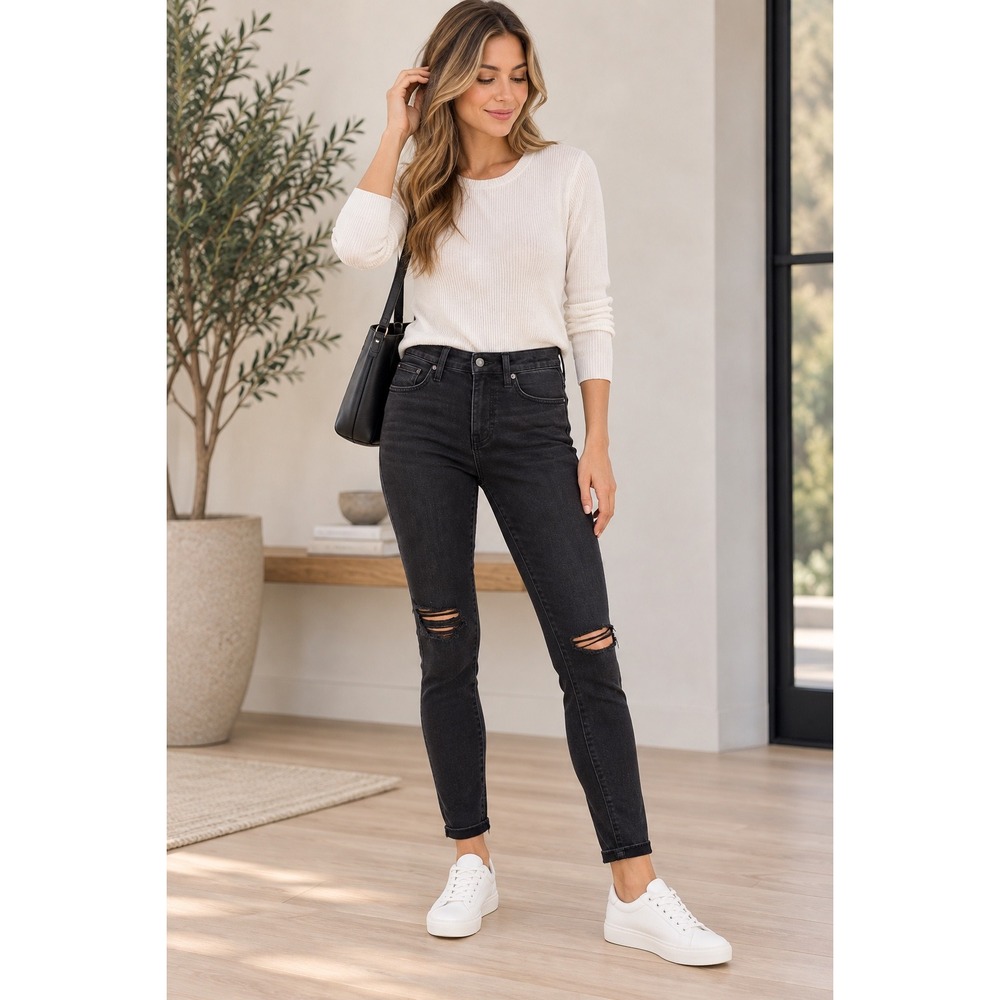 Madewell 9" High Riser Skinny Jeans 27 Black Distressed Ripped Stretch Denim
